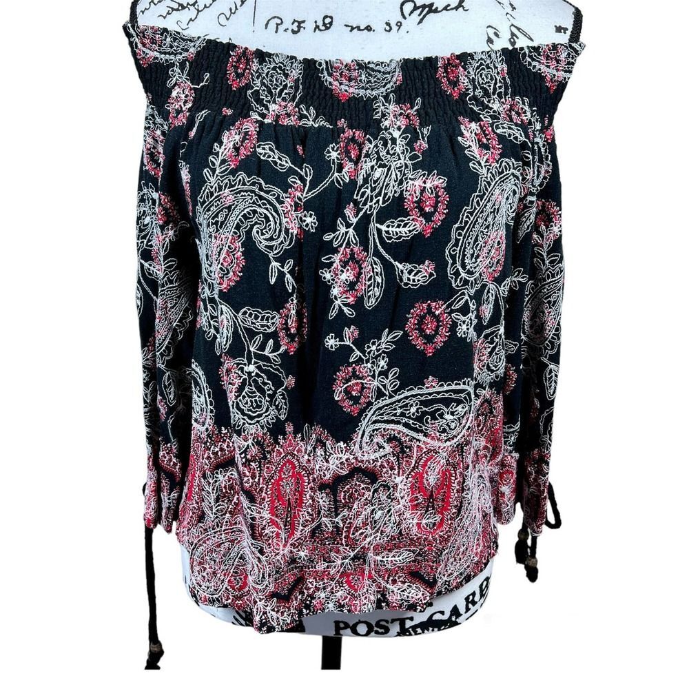 Zara black top Off the Shoulder Paisley Embroidered Blouse size S boho hippie